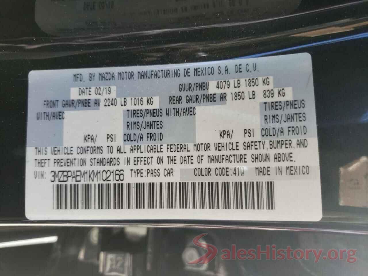 3MZBPAEM1KM102166 2019 MAZDA 3