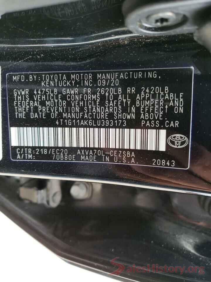 4T1G11AK6LU393173 2020 TOYOTA CAMRY