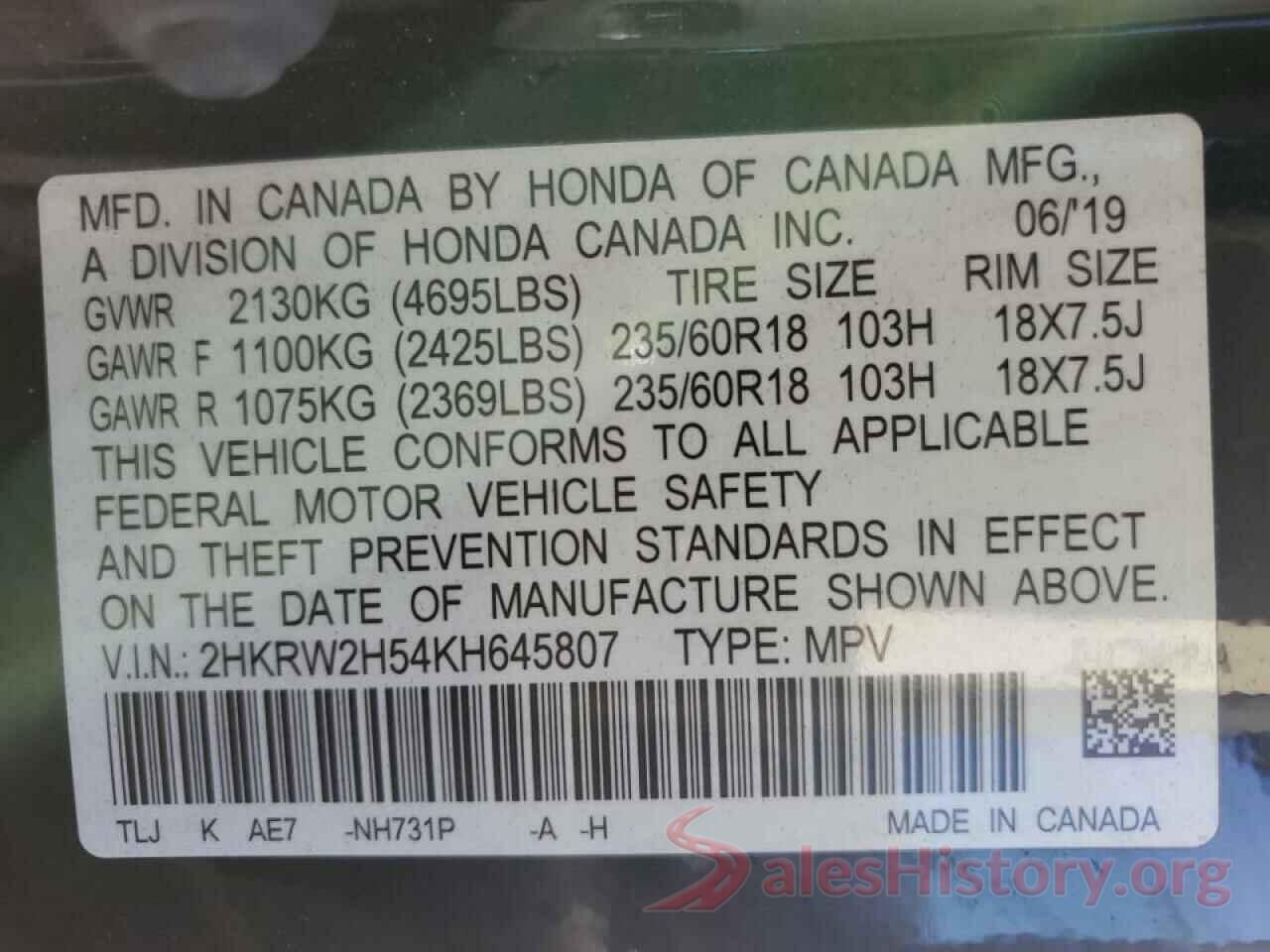 2HKRW2H54KH645807 2019 HONDA CRV