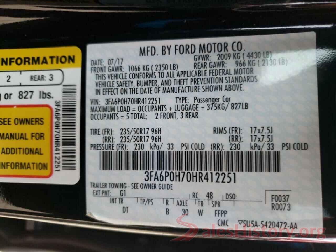 3FA6P0H70HR412251 2017 FORD FUSION