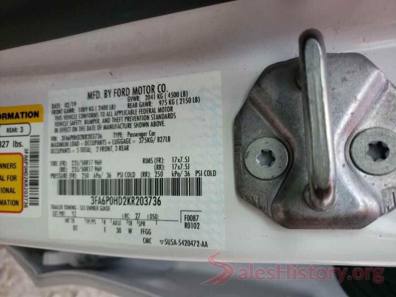 3FA6P0HD2KR203736 2019 FORD FUSION