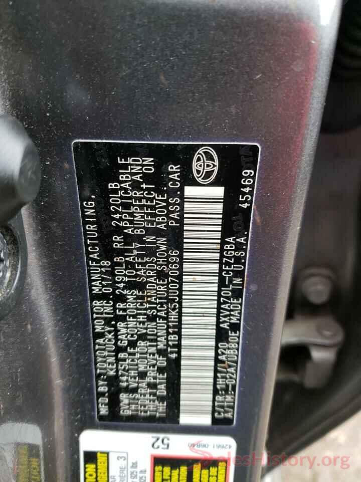 4T1B11HK5JU070696 2018 TOYOTA CAMRY