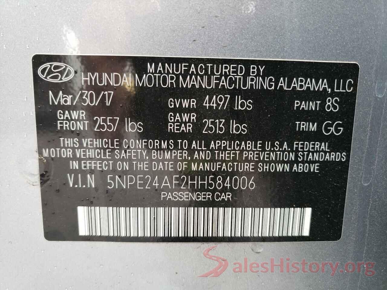 5NPE24AF2HH584006 2017 HYUNDAI SONATA