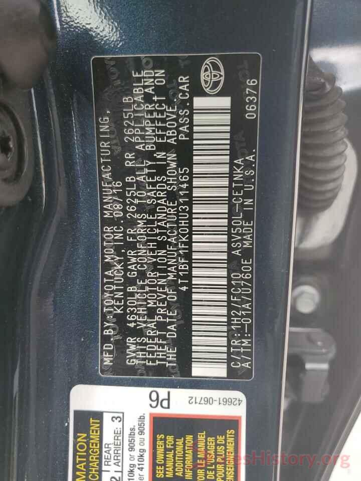 4T1BF1FK0HU311465 2017 TOYOTA CAMRY