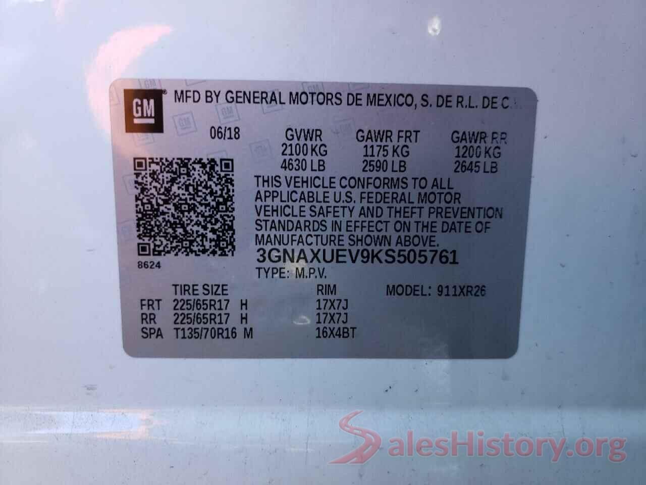 3GNAXUEV9KS505761 2019 CHEVROLET EQUINOX