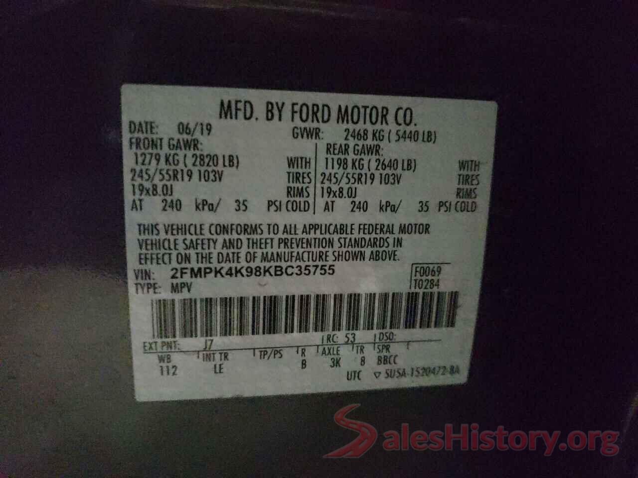 2FMPK4K98KBC35755 2019 FORD EDGE