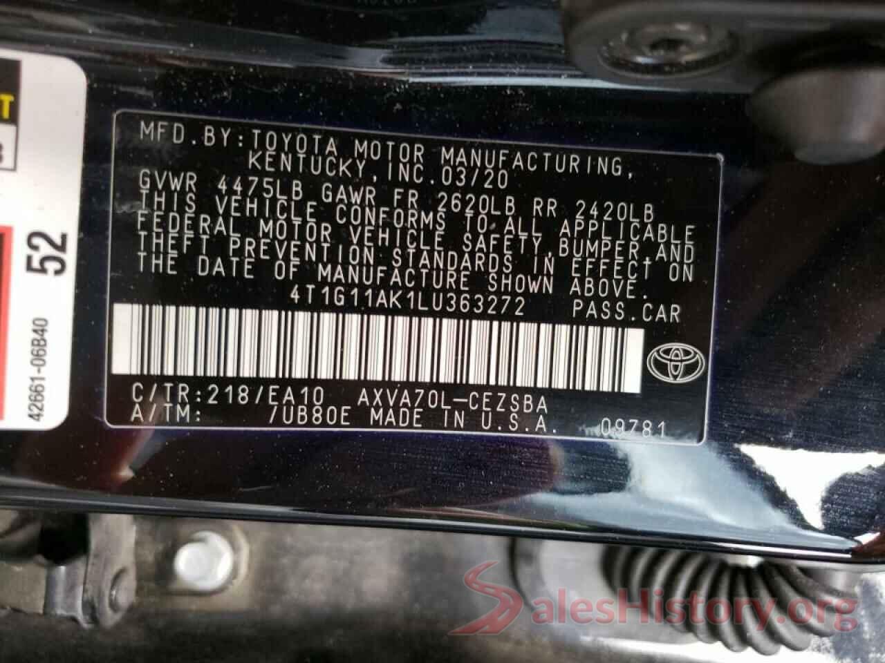 4T1G11AK1LU363272 2020 TOYOTA CAMRY