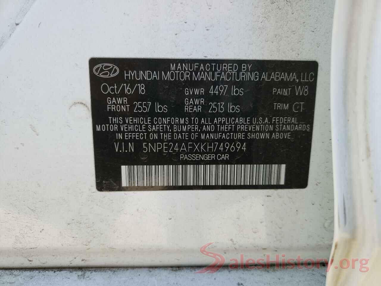 5NPE24AFXKH749694 2019 HYUNDAI SONATA