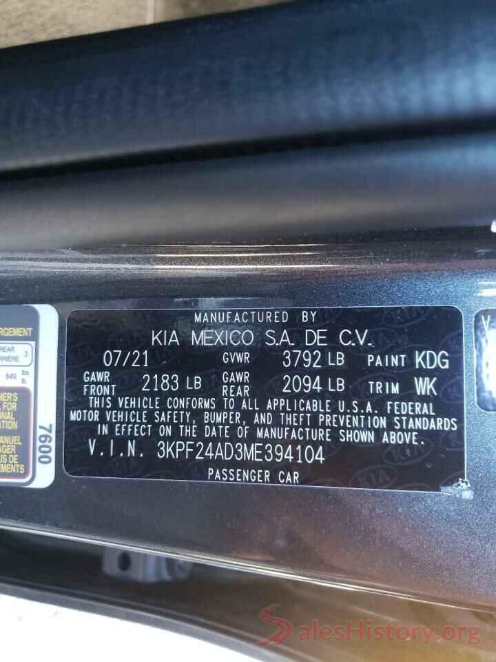 3KPF24AD3ME394104 2021 KIA FORTE