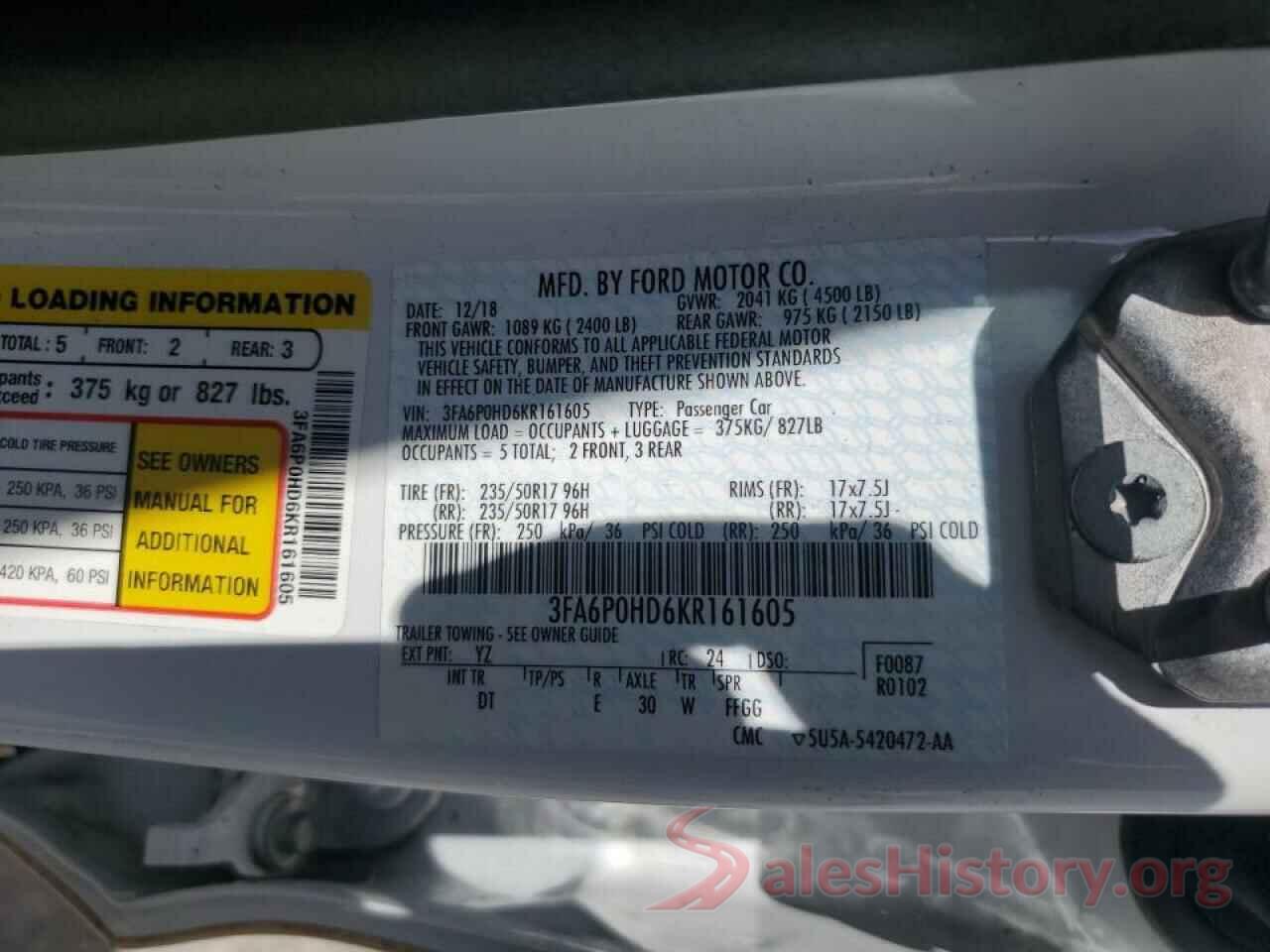 3FA6P0HD6KR161605 2019 FORD FUSION