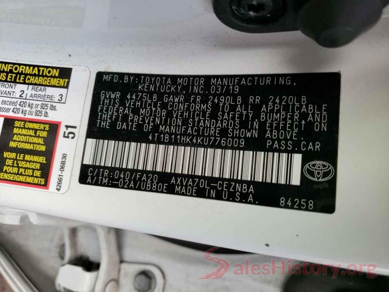 4T1B11HK4KU776009 2019 TOYOTA CAMRY