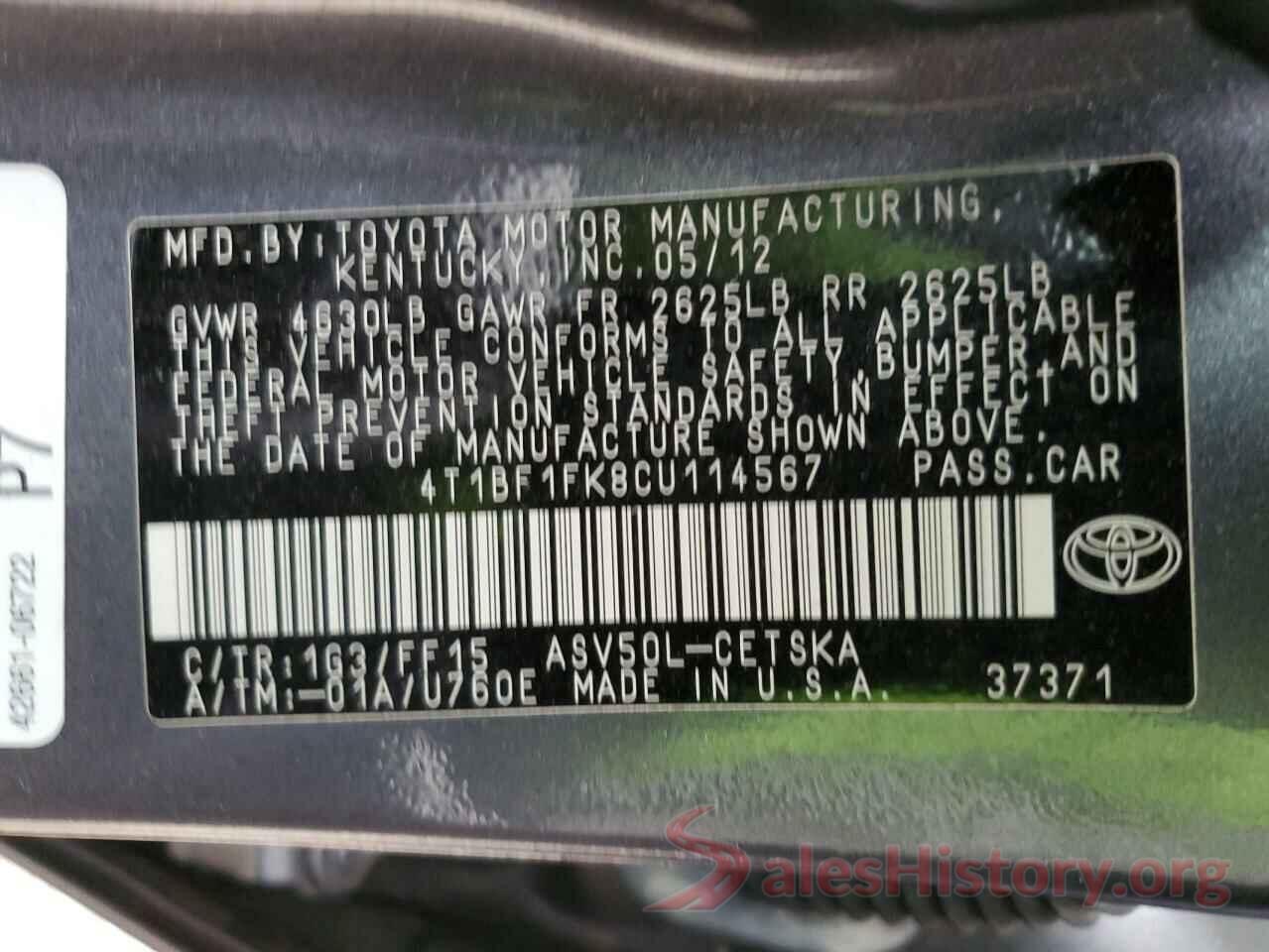 4T1BF1FK8CU114567 2012 TOYOTA CAMRY