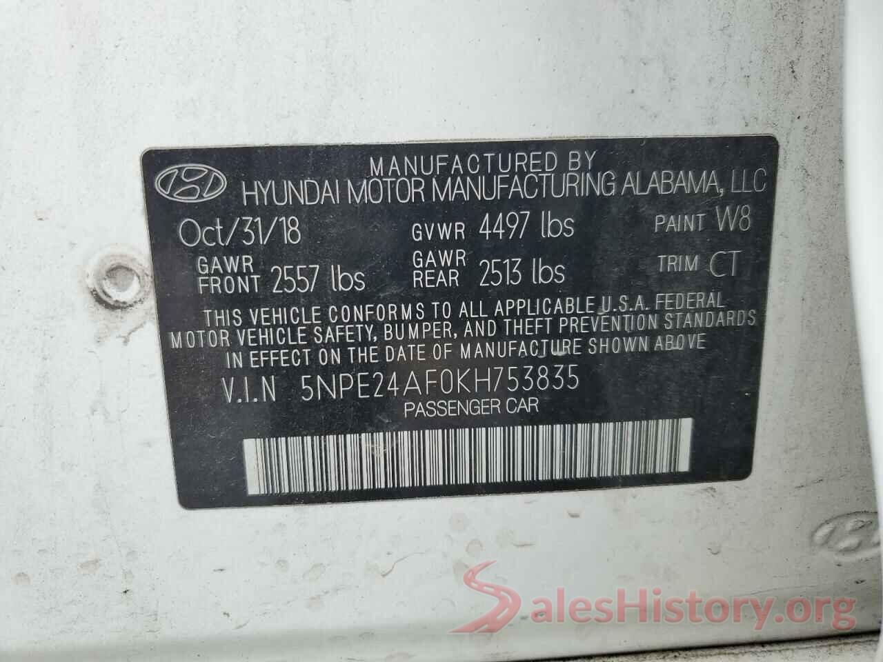 5NPE24AF0KH753835 2019 HYUNDAI SONATA