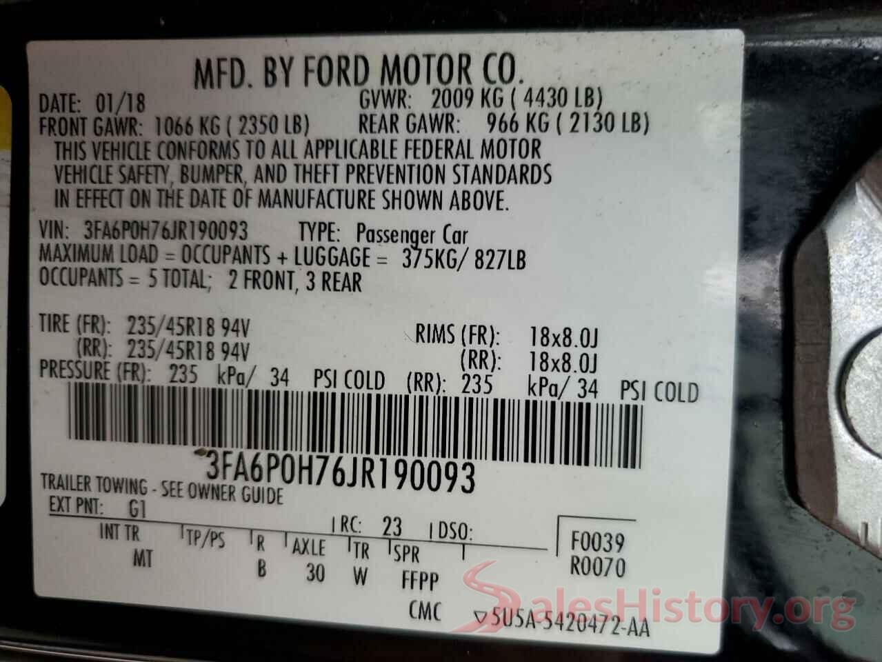 3FA6P0H76JR190093 2018 FORD FUSION