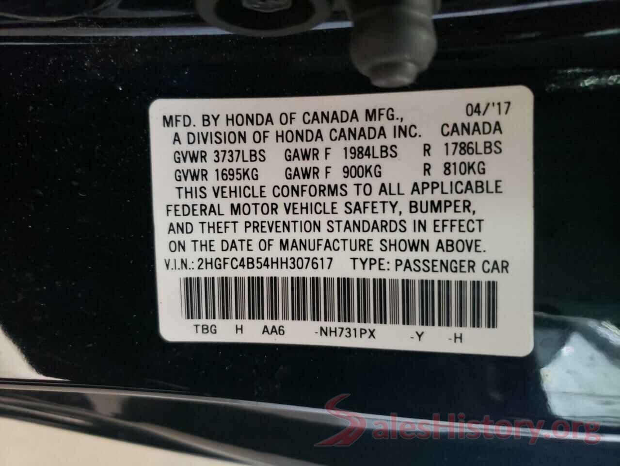 2HGFC4B54HH307617 2017 HONDA CIVIC