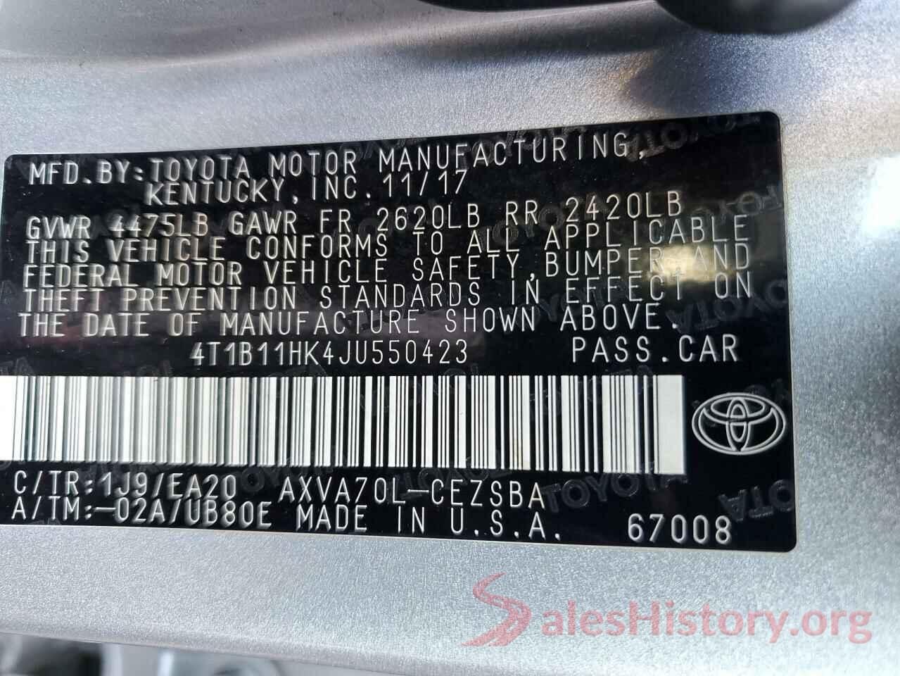 4T1B11HK4JU550423 2018 TOYOTA CAMRY