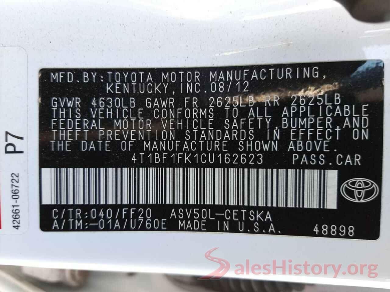 4T1BF1FK1CU162623 2012 TOYOTA CAMRY