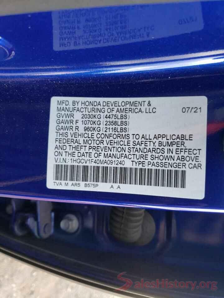 1HGCV1F40MA091240 2021 HONDA ACCORD