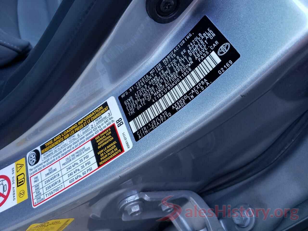 4T1B21FB5KU011858 2019 TOYOTA AVALON