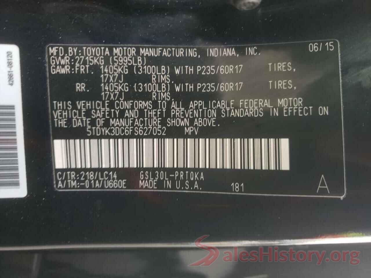 5TDYK3DC6FS627052 2015 TOYOTA SIENNA