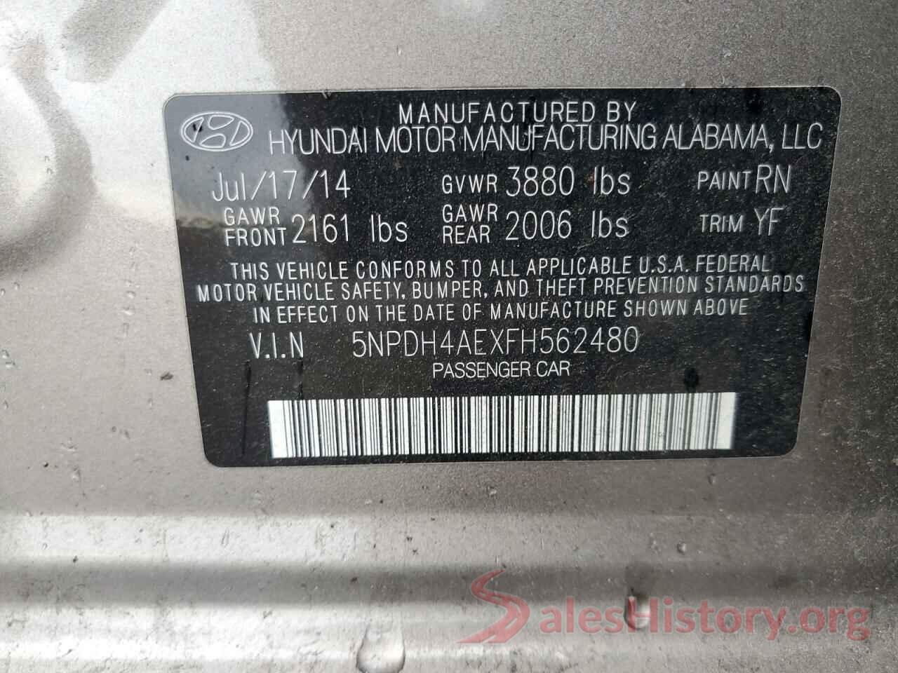 5NPDH4AEXFH562480 2015 HYUNDAI ELANTRA