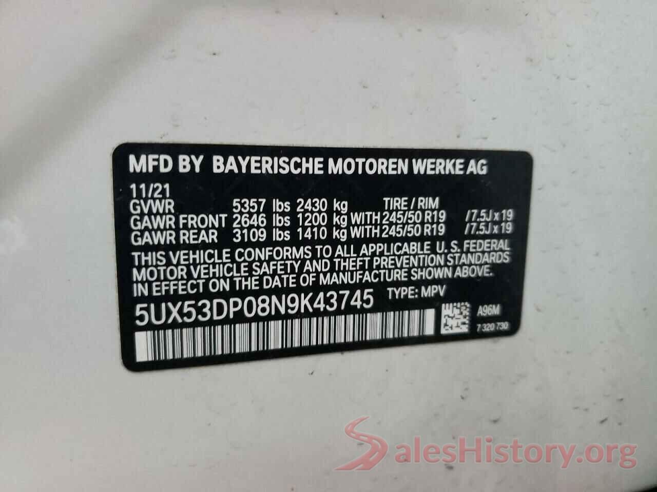 5UX53DP08N9K43745 2022 BMW X3