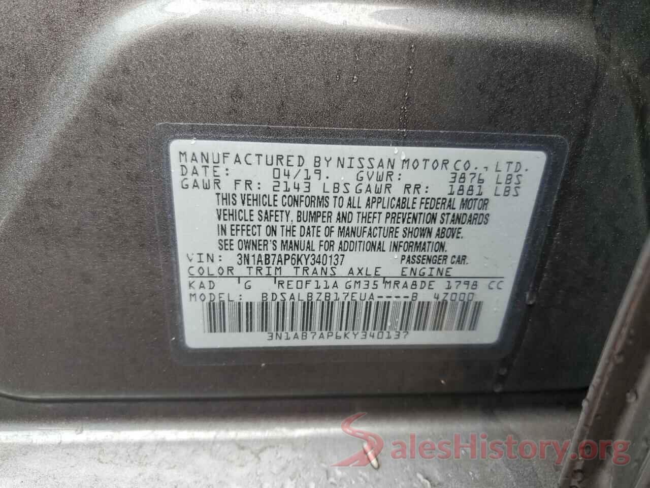 3N1AB7AP6KY340137 2019 NISSAN SENTRA