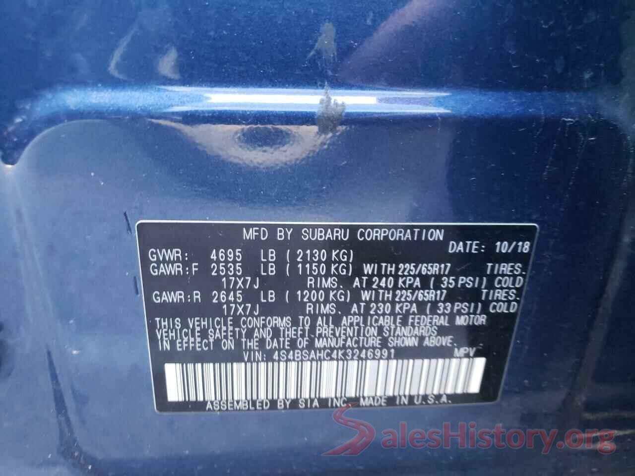 4S4BSAHC4K3246991 2019 SUBARU OUTBACK