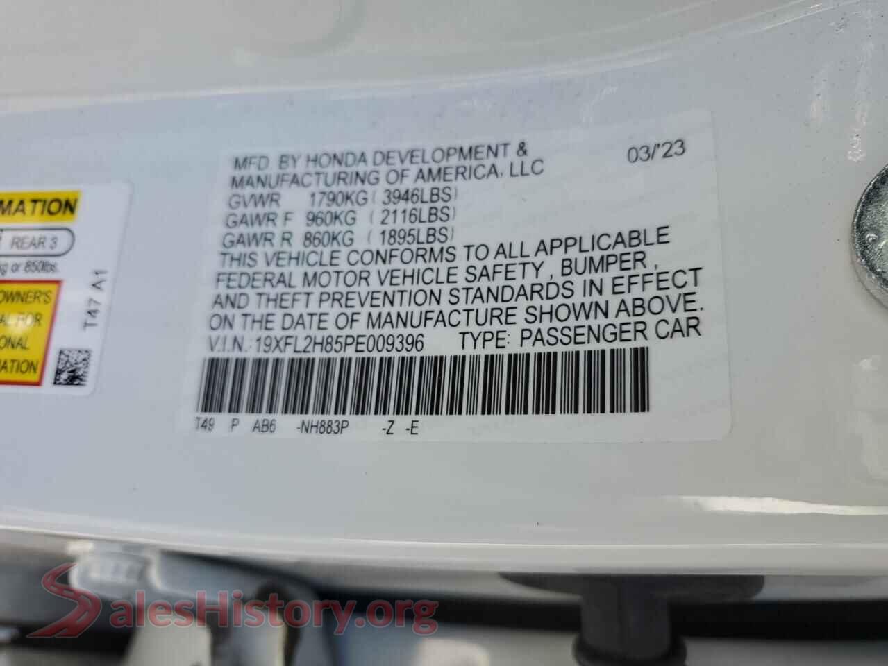 2023 HONDA CIVIC VIN 19XFL2H85PE009396, trunk area