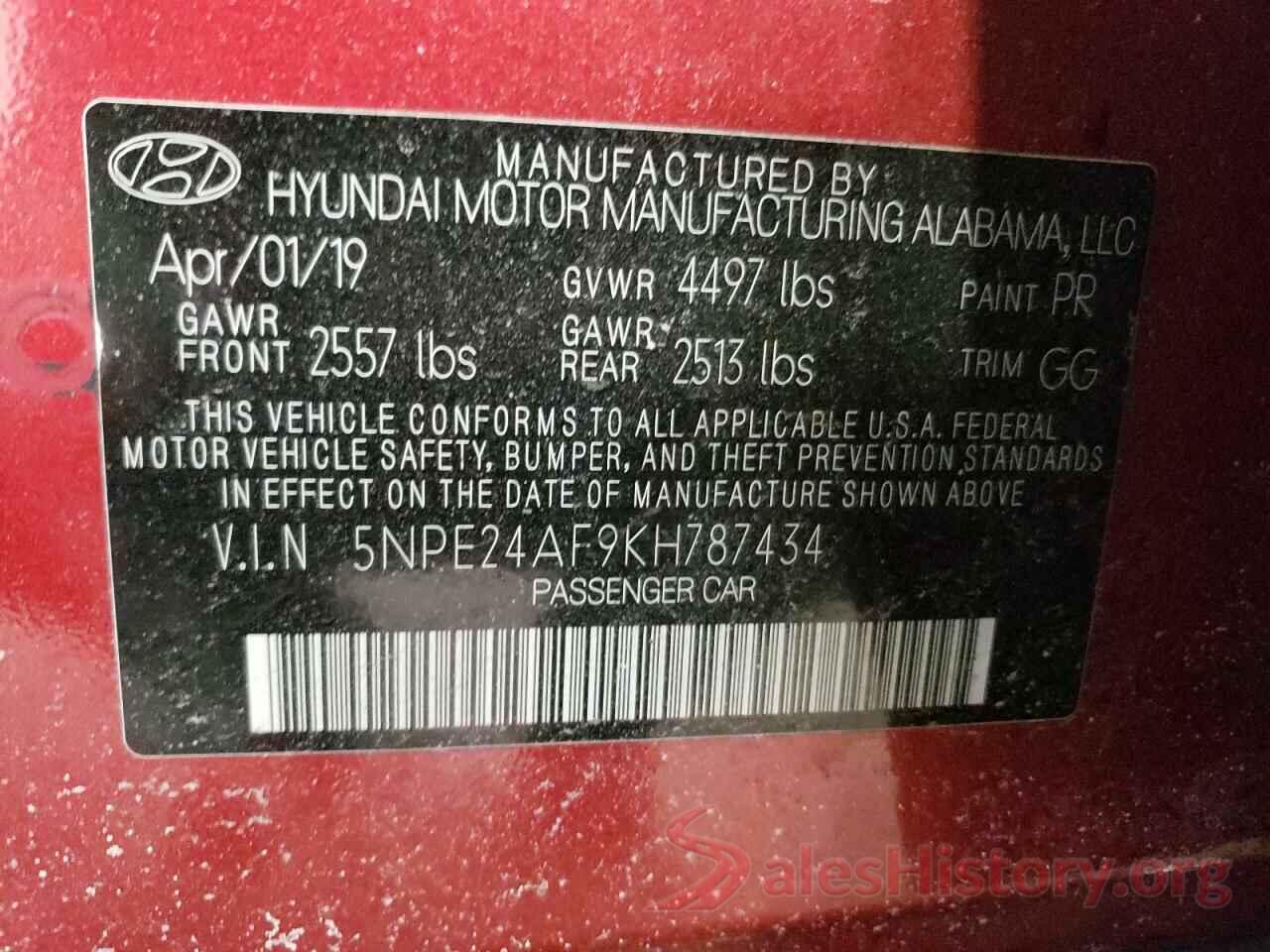 5NPE24AF9KH787434 2019 HYUNDAI SONATA