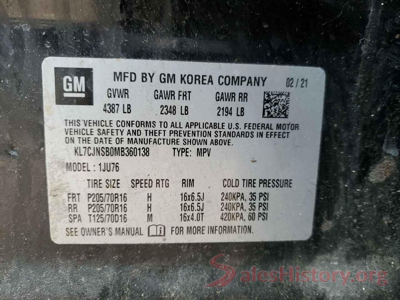 KL7CJNSB0MB360138 2021 CHEVROLET TRAX