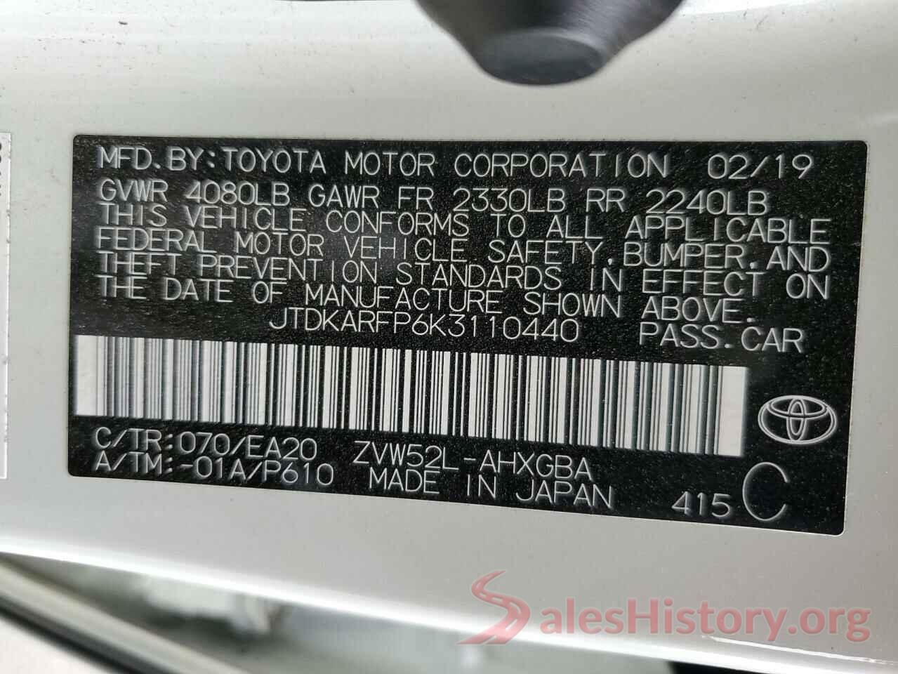 JTDKARFP6K3110440 2019 TOYOTA PRIUS