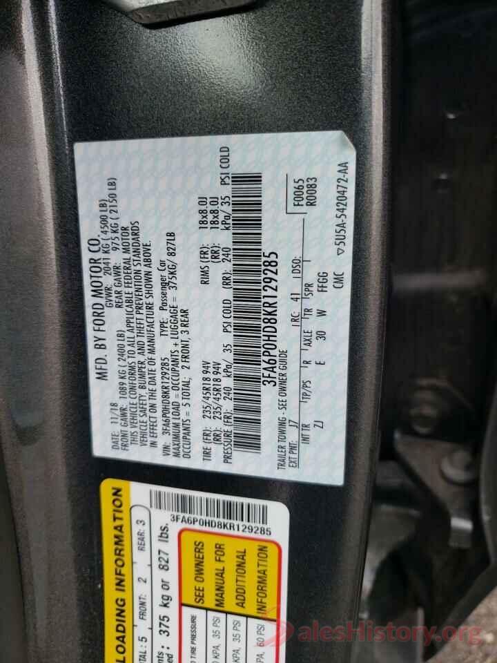 3FA6P0HD8KR129285 2019 FORD FUSION