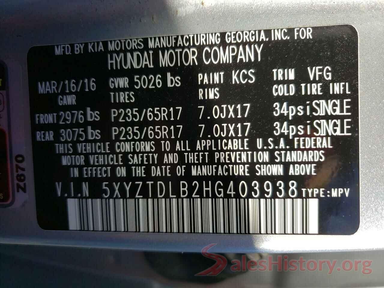 5XYZTDLB2HG403938 2017 HYUNDAI SANTA FE