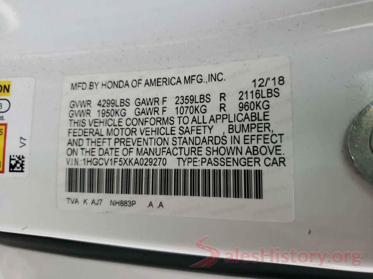 1HGCV1F5XKA029270 2019 HONDA ACCORD