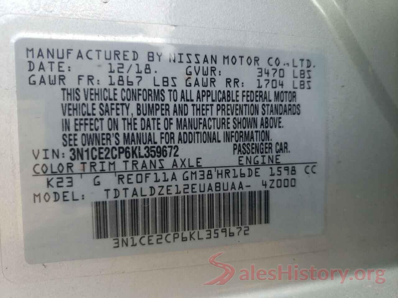 3N1CE2CP6KL359672 2019 NISSAN VERSA