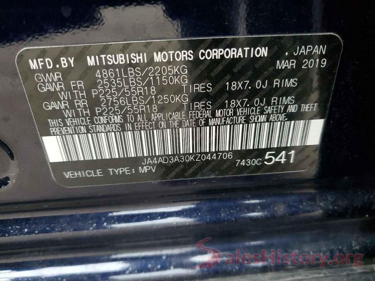 JA4AD3A30KZ044706 2019 MITSUBISHI OUTLANDER