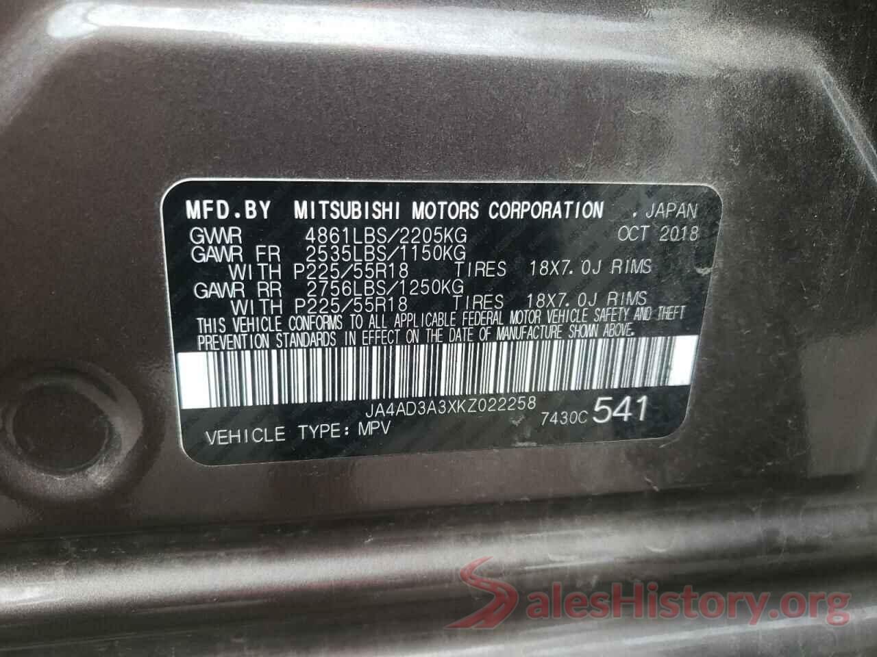 JA4AD3A3XKZ022258 2019 MITSUBISHI OUTLANDER