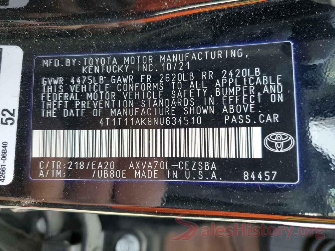 4T1T11AK8NU634510 2022 TOYOTA CAMRY