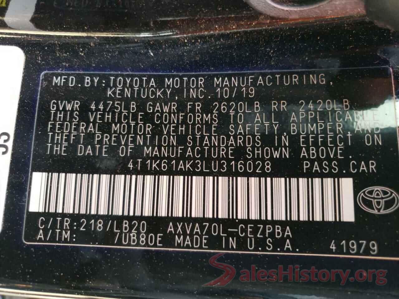 4T1K61AK3LU316028 2020 TOYOTA CAMRY