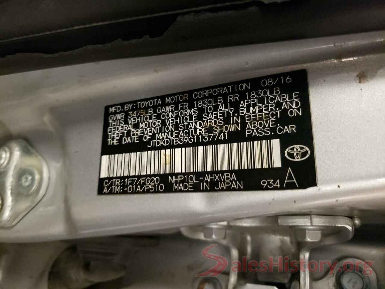 JTDKDTB39G1137741 2016 TOYOTA PRIUS