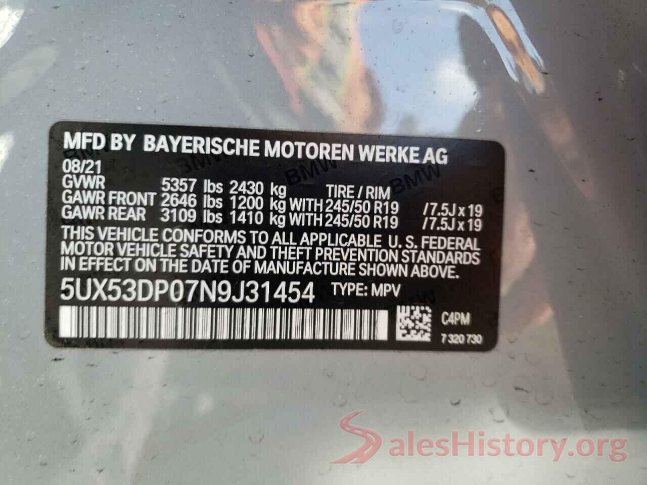 5UX53DP07N9J31454 2022 BMW X3