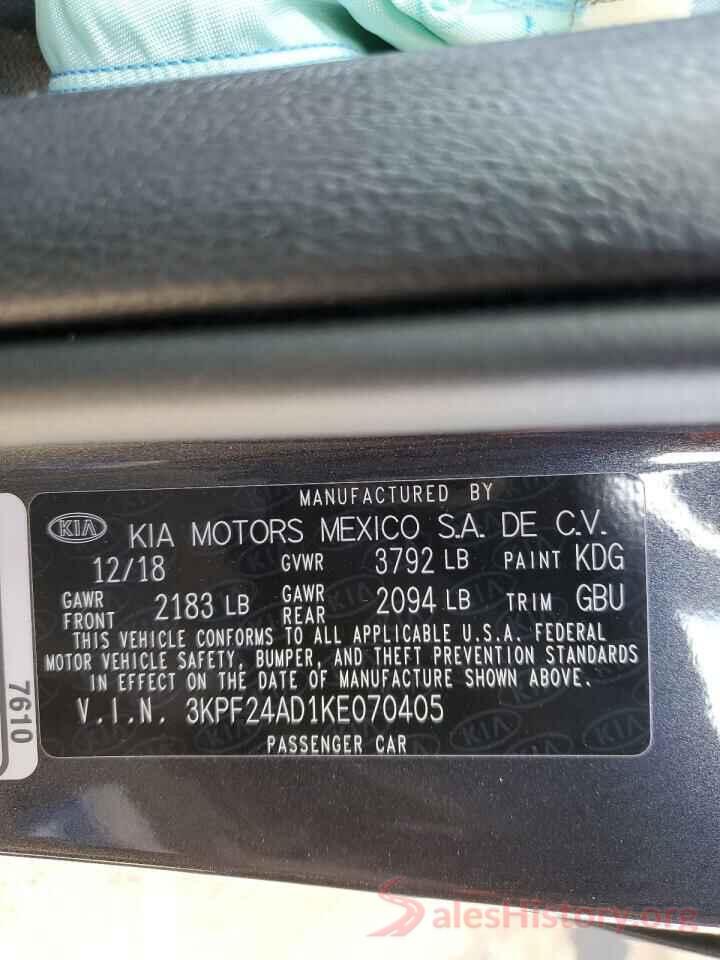 3KPF24AD1KE070405 2019 KIA FORTE