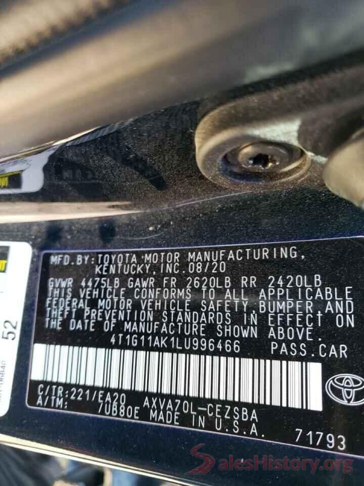 4T1G11AK1LU996466 2020 TOYOTA CAMRY