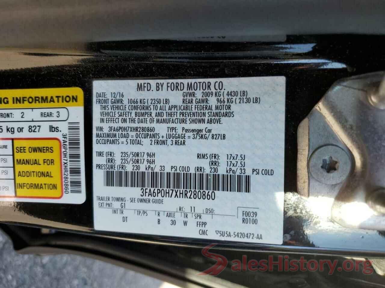 3FA6P0H7XHR280860 2017 FORD FUSION