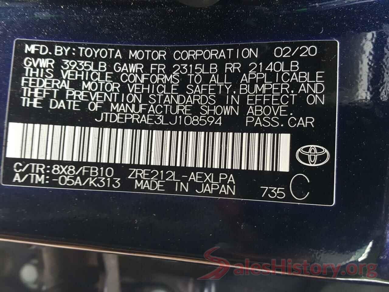 JTDEPRAE3LJ108594 2020 TOYOTA COROLLA