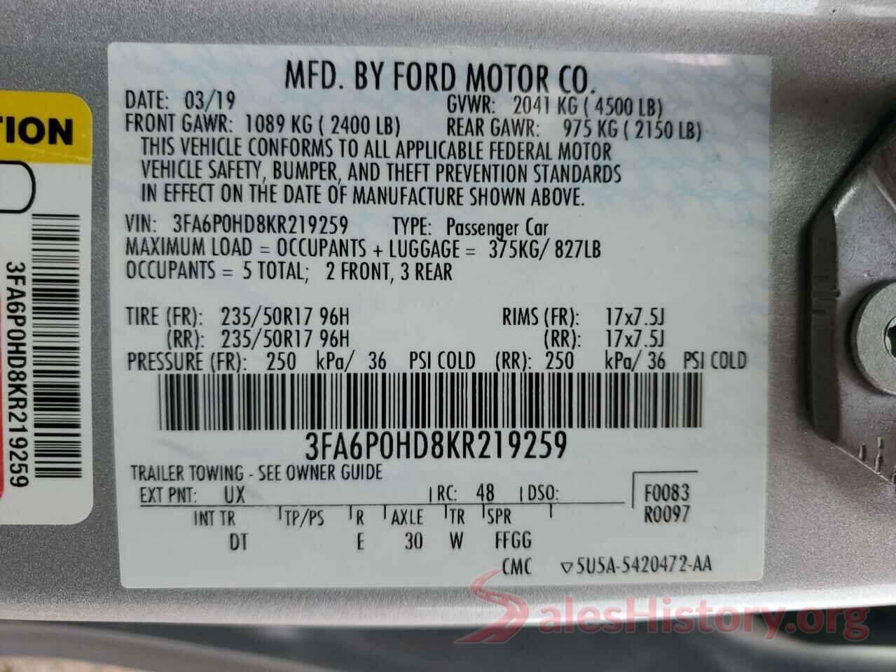 3FA6P0HD8KR219259 2019 FORD FUSION