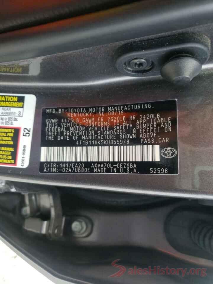 4T1B11HK5KU855978 2019 TOYOTA CAMRY