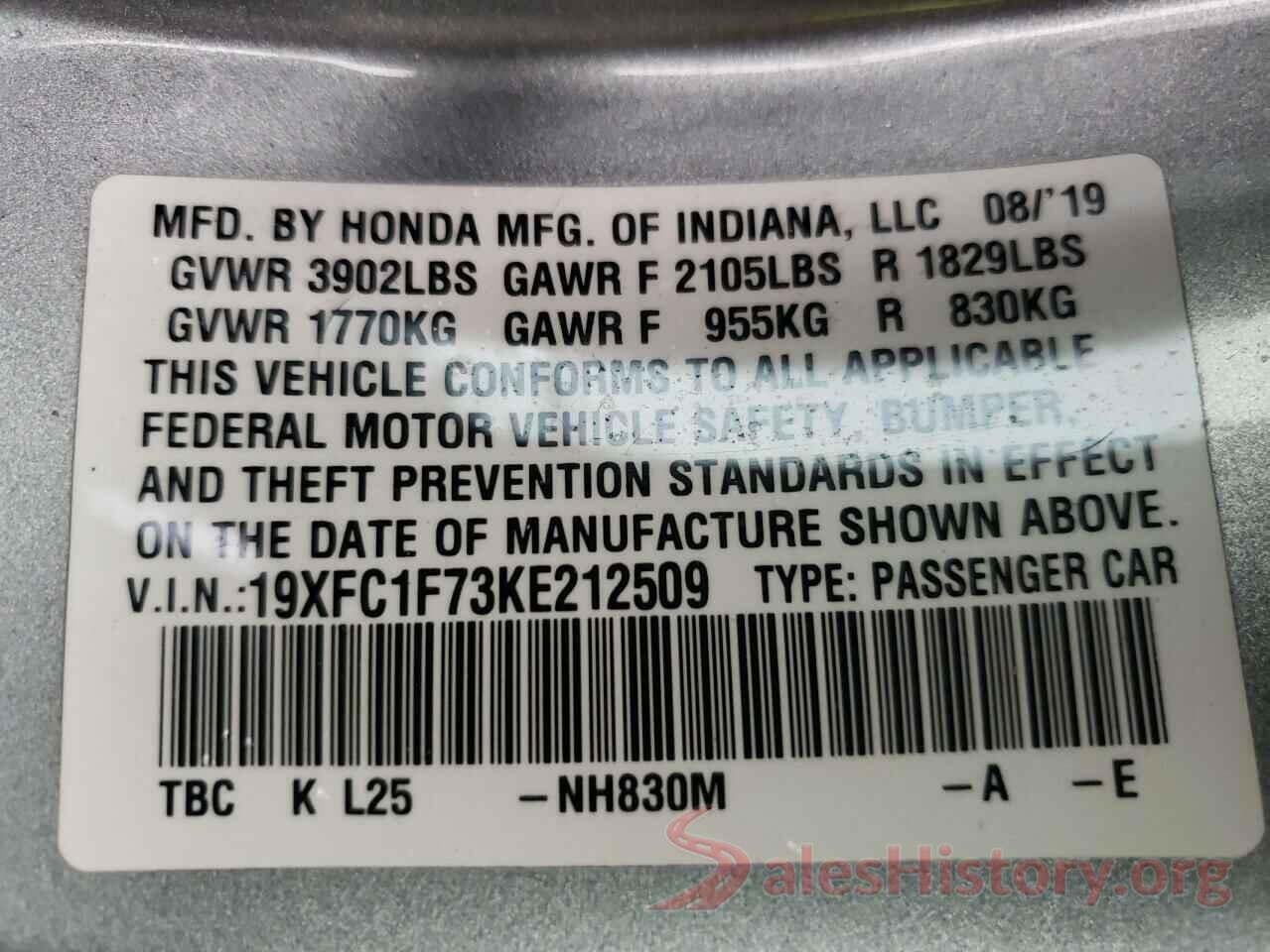 19XFC1F73KE212509 2019 HONDA CIVIC