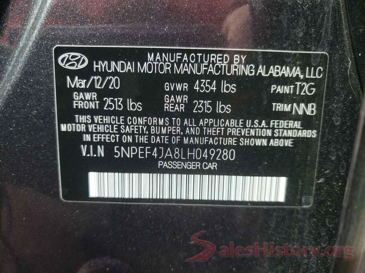 5NPEF4JA8LH049280 2020 HYUNDAI SONATA